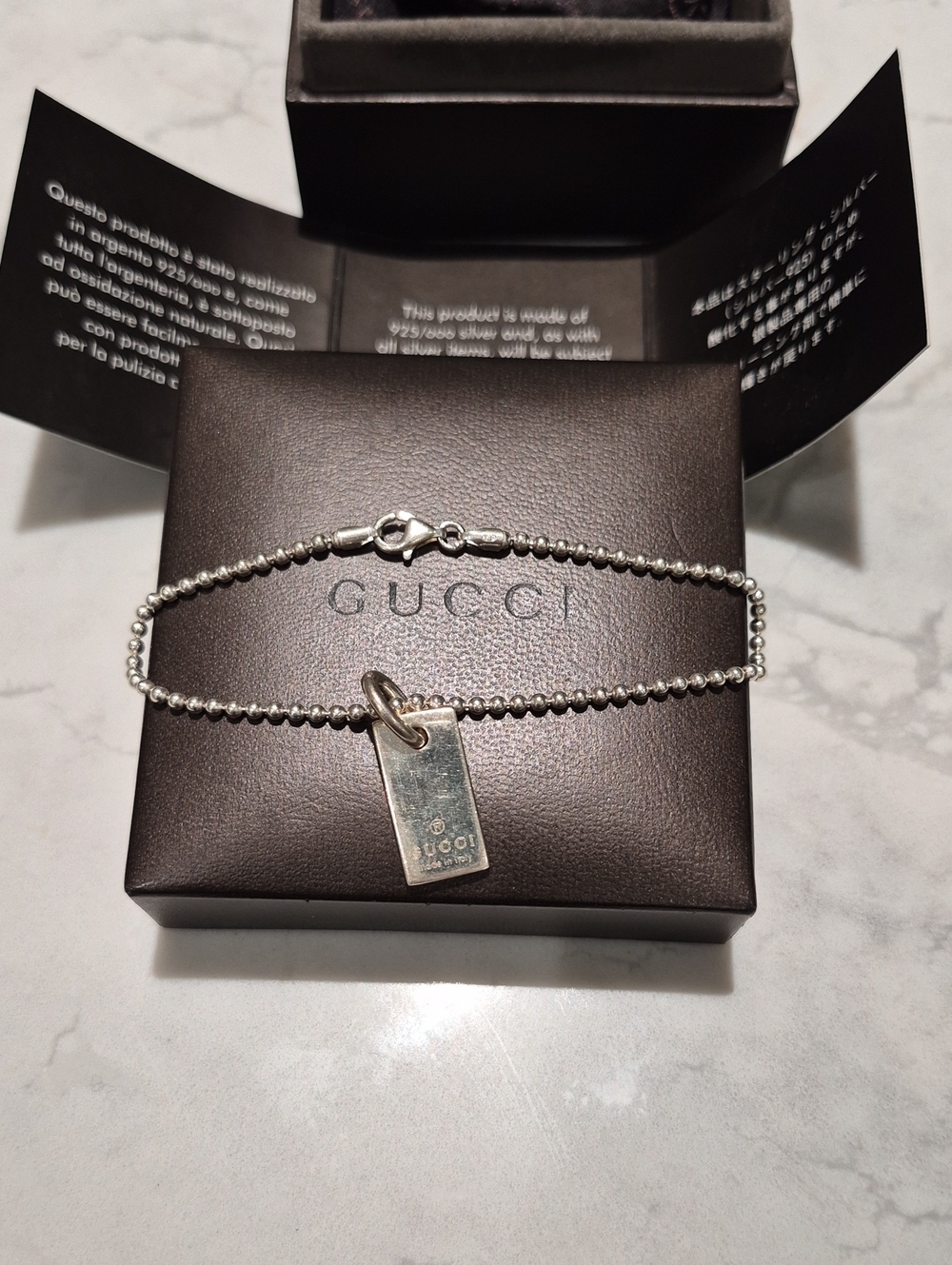 Gucci Sterling Silver Bead Bracelet with Rectangular Tag